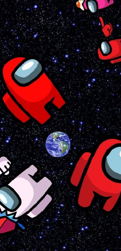 Cute astronauts floating in space mobile wallpaper with starry background.