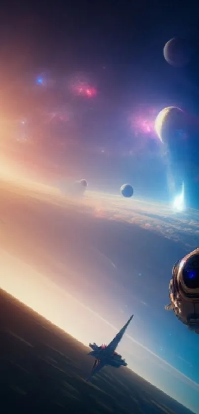 Colorful space-themed wallpaper with planets and spacecraft.