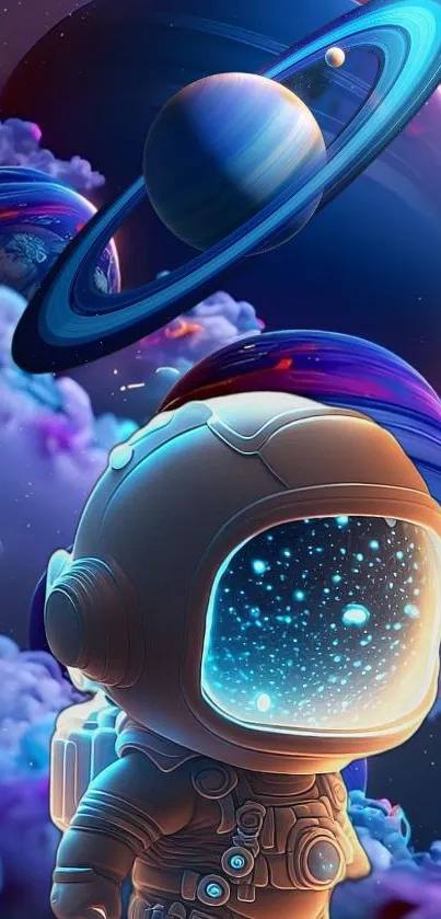 Astronaut gazing at Saturn with colorful cosmic clouds on mobile wallpaper.