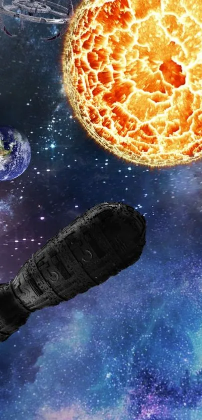 Spaceship and planets with vibrant galaxy backdrop.