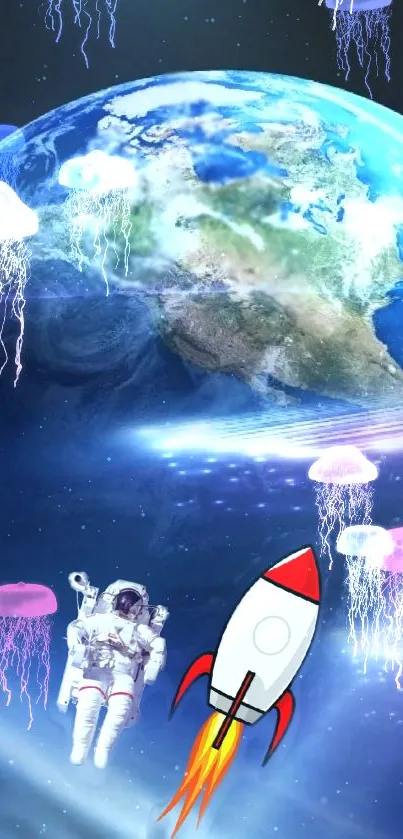 Astronaut with rocket near Earth in outer space, surrounded by cosmic jellyfish.