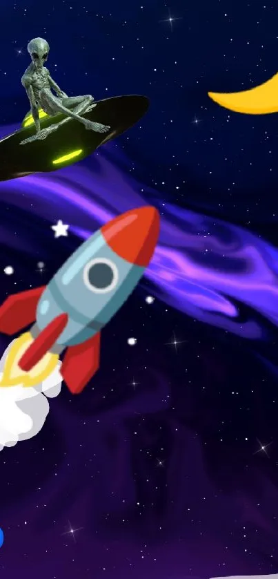 Cartoon alien and rocket in space-themed mobile wallpaper.