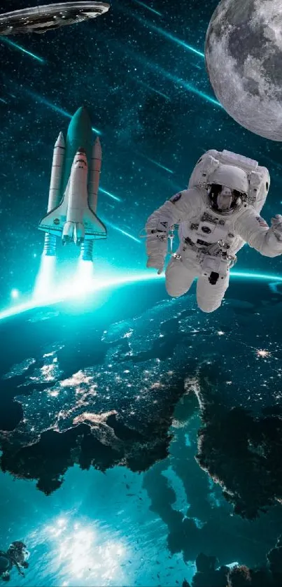 Astronaut and shuttle above Earth with moon in vibrant space scene.