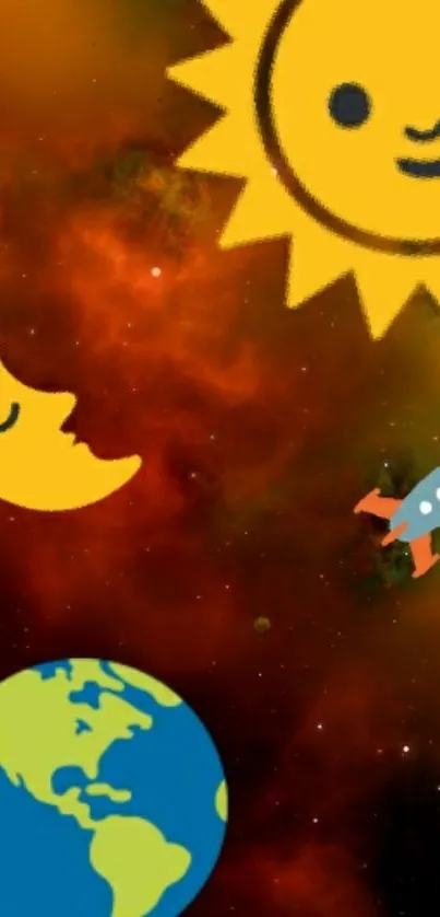 Cartoon sun, moon, Earth, and rocket in a colorful space wallpaper.