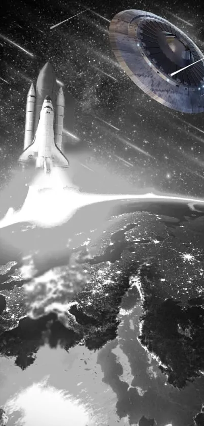 Space shuttle and UFO above Earth in cosmic wallpaper.