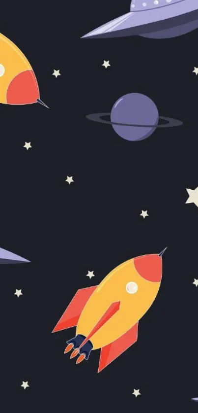 Vibrant space-themed mobile wallpaper with rockets and stars.