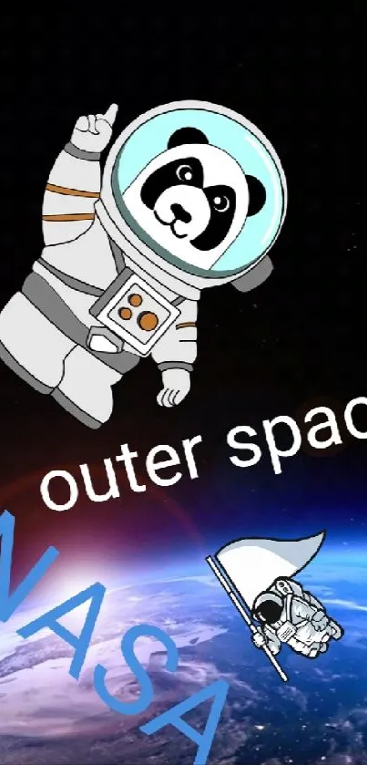 Cartoon panda and astronaut in space with Earth view wallpaper.