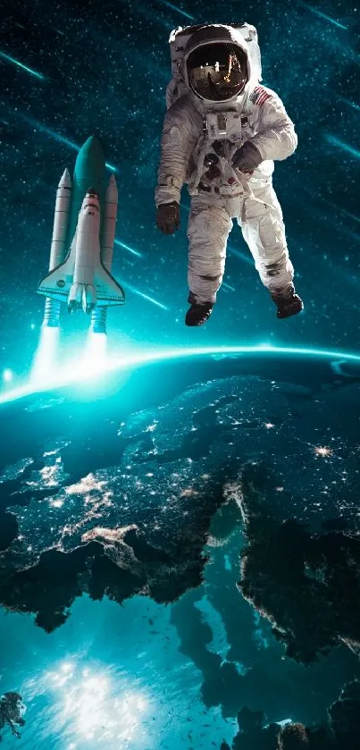 Astronaut and space shuttle above Earth with teal cosmic background.