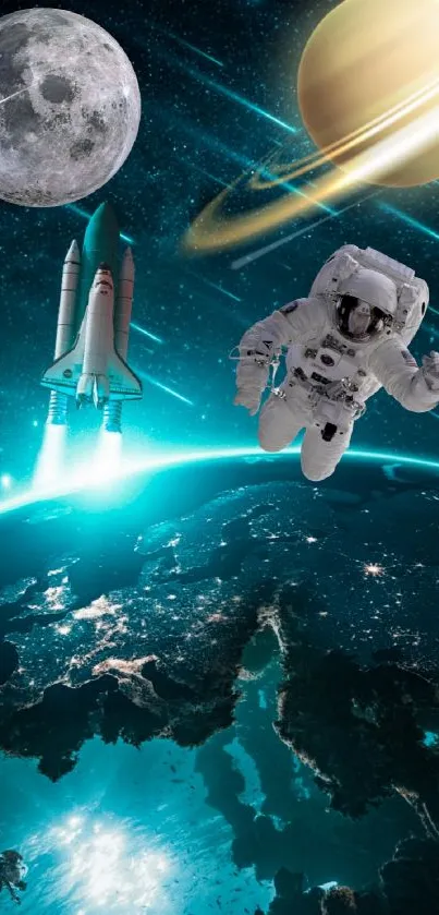 Mobile wallpaper with astronaut and planets in space scene.