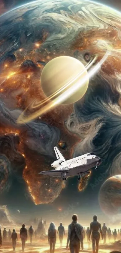 Space wallpaper with planets and a spaceship.