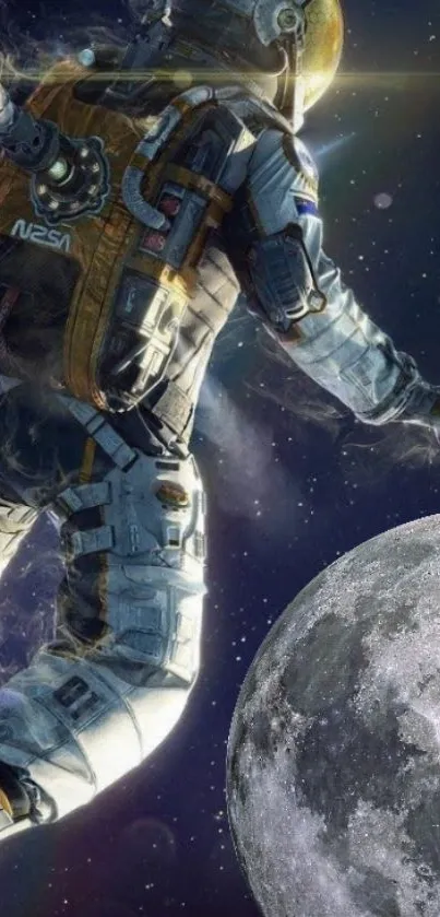 Astronaut floating near the moon in a starry space scene.