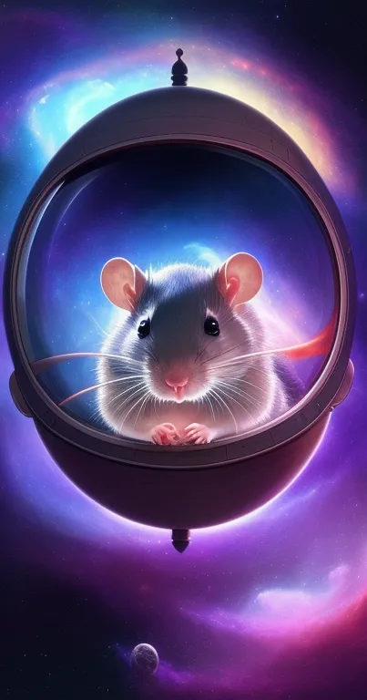 Cute mouse in space capsule against a vibrant galaxy background wallpaper.