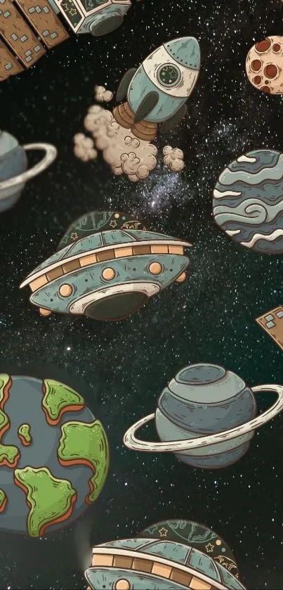 Colorful cartoon space wallpaper with planets and spaceships.