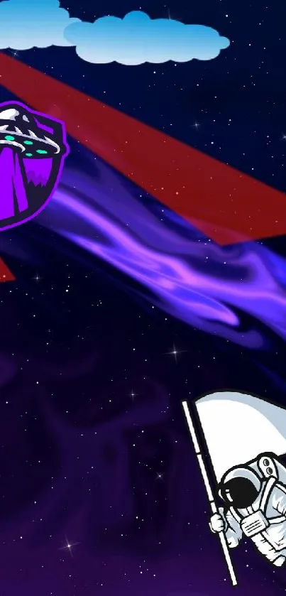 Astronaut and UFO on vibrant purple space background.