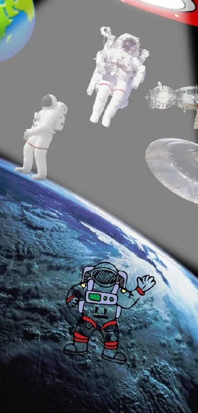 Astronauts floating above Earth in space-themed wallpaper.