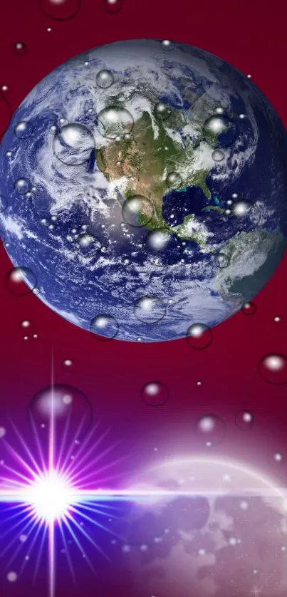 Fantasy space wallpaper with Earth and cosmic elements on red background.