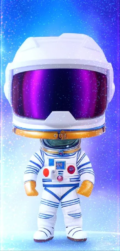 Cartoon astronaut standing on a planet with a galaxy background.