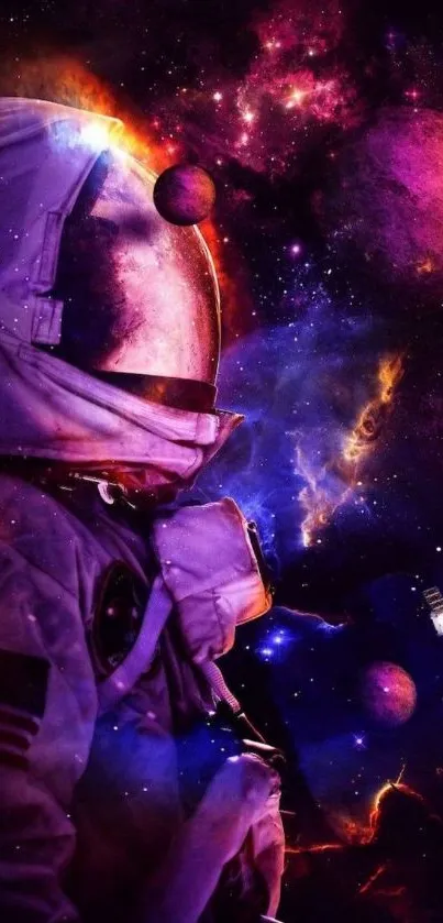 Astronaut in a vibrant galaxy with planets and stars.