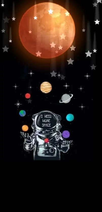 Astronaut juggling planets on space-themed wallpaper.