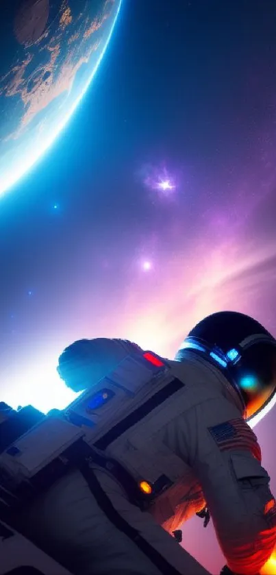 Astronaut in space with vibrant cosmic colors and visible planet surface.