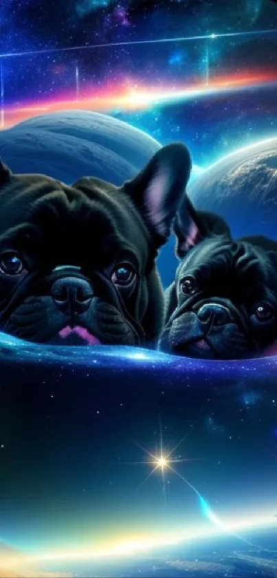 French Bulldogs in a vibrant galaxy background with planets and stars.