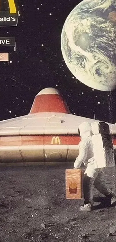 Astronaut at McDonald's on the moon with Earth view.