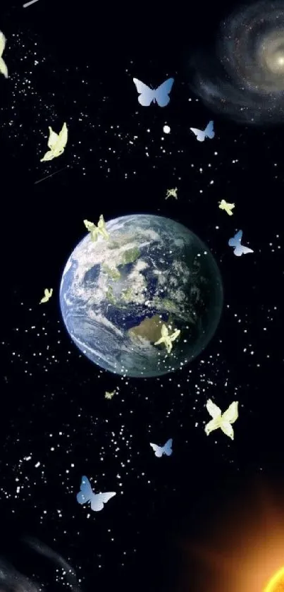 Galaxy wallpaper with Earth and butterflies.