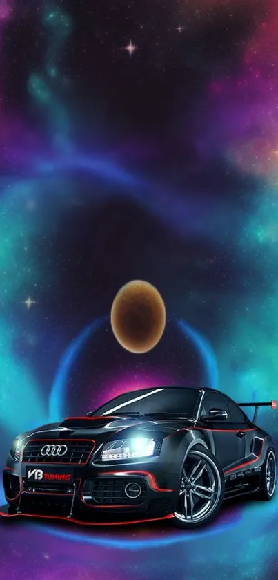 Car in a colorful cosmic space with nebulae.