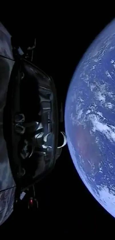 A car floating in space with Earth in the background.