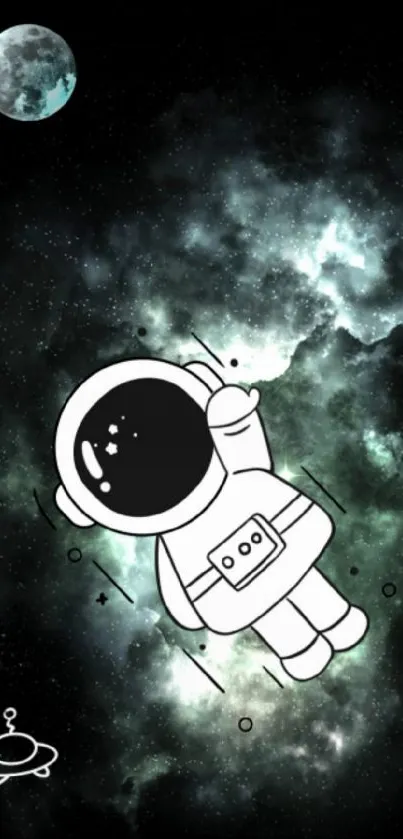 Cartoon astronaut floating in space-themed mobile wallpaper.