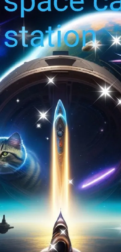 Cosmic scene with a space cat and futuristic station in the galaxy.