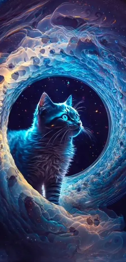 Mystical cat exploring a cosmic portal in space-themed blue artwork.