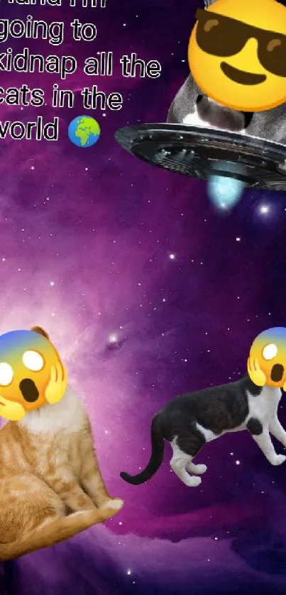 Whimsical wallpaper of cats in space with vibrant purple hues.