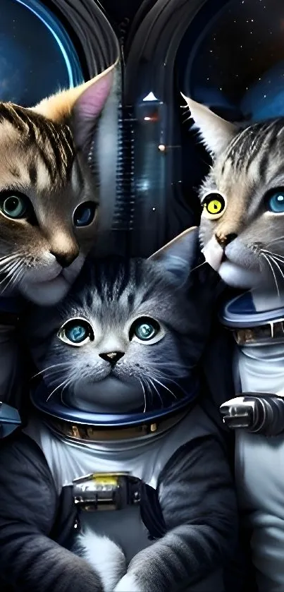 Three astronaut cats gaze into space from a spacecraft, wearing space suits.
