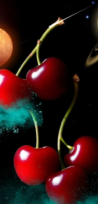 Red cherries floating with planets in a cosmic background.