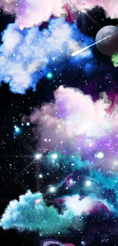 Colorful cosmic wallpaper with space clouds and planets.