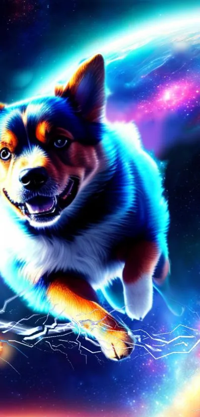 Joyful dog in cosmic space with vibrant colors on mobile wallpaper.