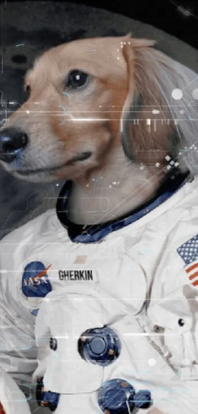 Dog dressed as an astronaut in space suit, standing on a moon surface backdrop.