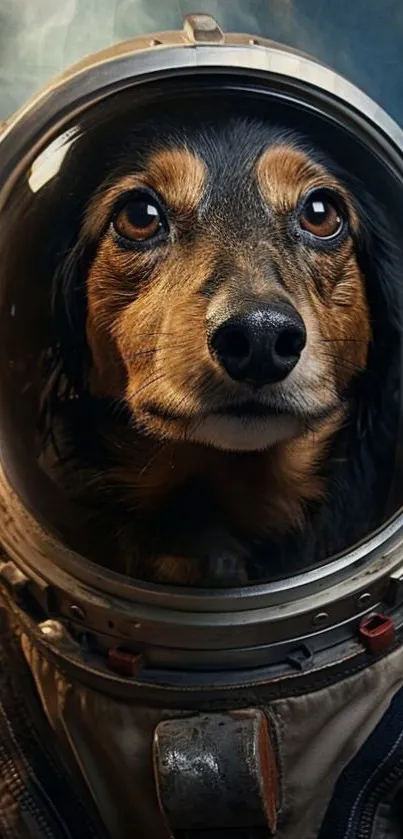 Dog wearing an astronaut helmet in space art wallpaper.