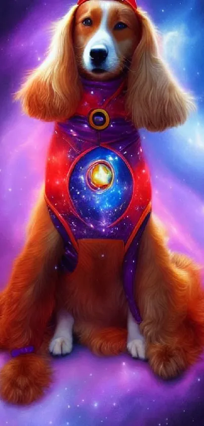 A dog in a cosmic costume amidst vibrant purple galaxy.