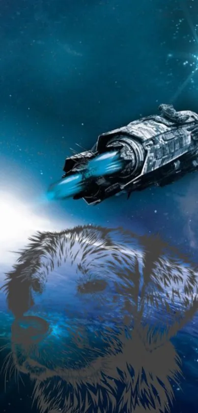 Digital art of a spaceship and dog in a vibrant blue space setting.