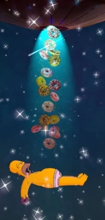 Cartoon character floats towards donuts in space with a star-filled background.