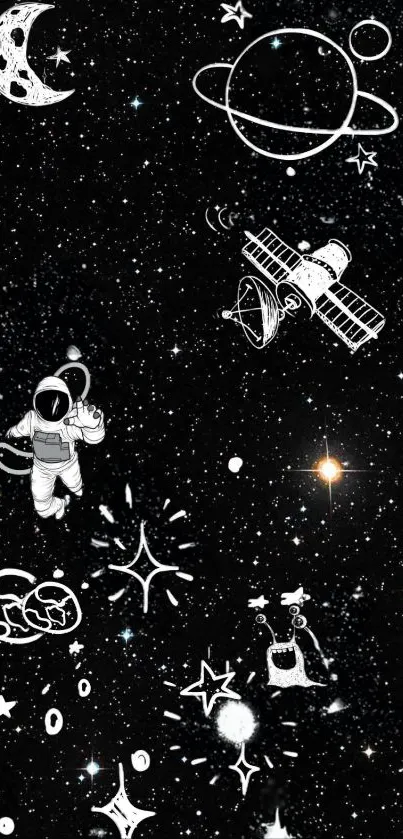 Black space-themed wallpaper with doodles of astronauts and planets.