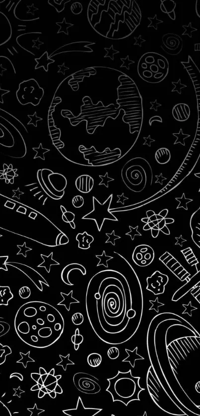 Space-themed doodle wallpaper with planets and stars on a black background.