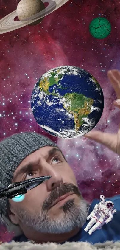 Man in knit cap gazes at cosmic planets and stars on mobile wallpaper.