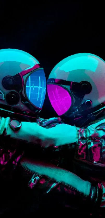 Neon-clad astronauts in a glowing embrace on a dark background.