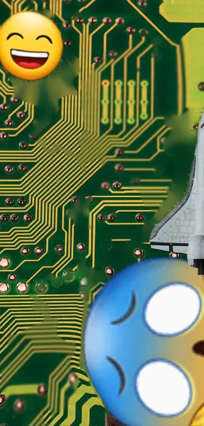 Green circuit board with space shuttle and emoji icons.