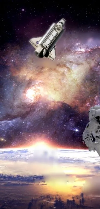 Space wallpaper with shuttle, galaxy, astronaut.