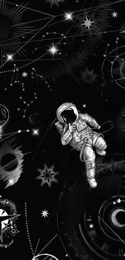 Black and white wallpaper with astronaut and cosmic designs.