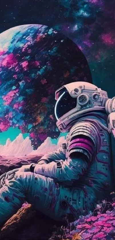 Astronaut seated on alien planet with colorful space backdrop